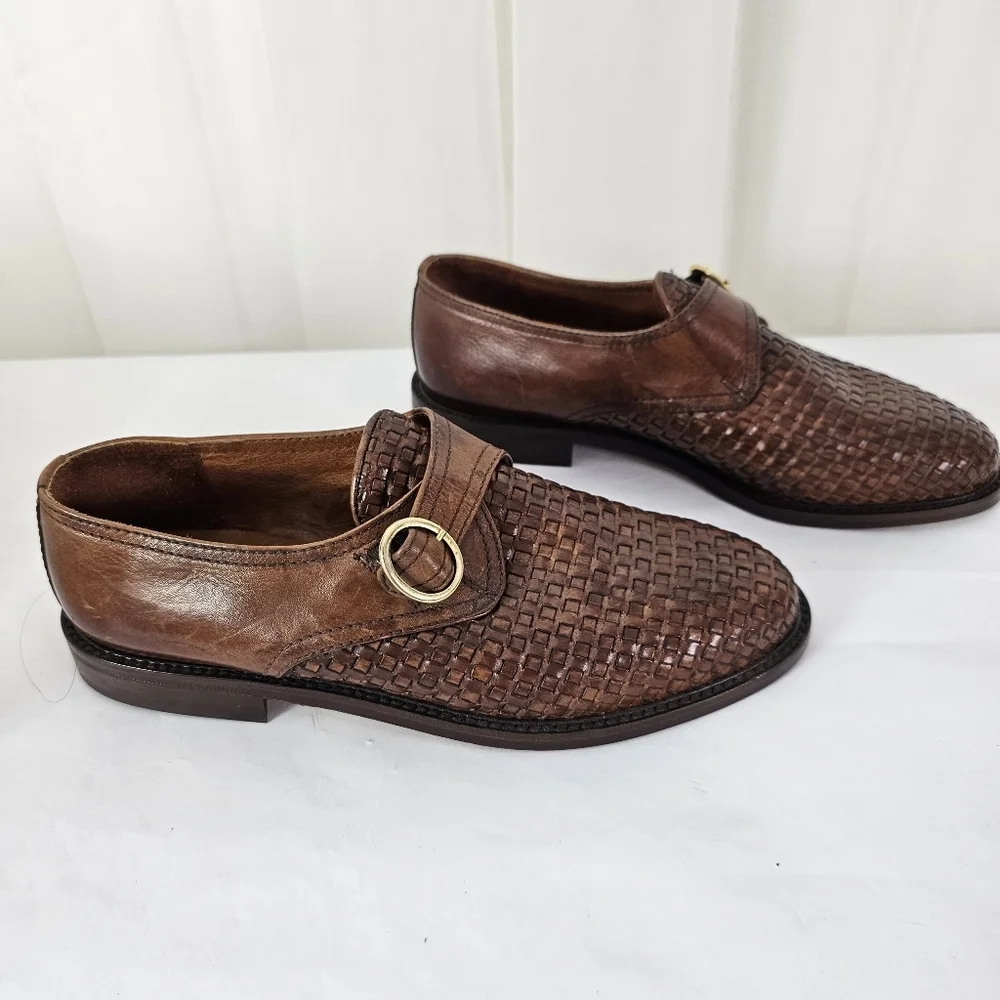 Scala Brown Leather Woven Loafers with Buckle Size 36